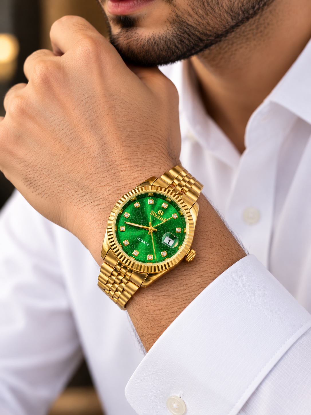 Mens Luxury Gold Green Watch, Elegant Quartz Analog Wristwatch, Stainless Steel Bracelet, Classic Fashion Watch for Women, Stylish Green Dial