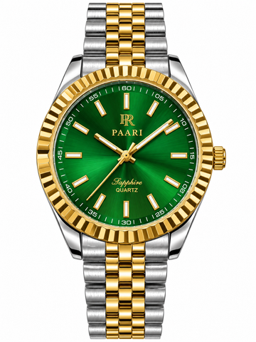 Luxury Green Dial Watch for Men – Gold & Silver Stainless Steel Bracelet Wristwatch with Fluted Bezel, Classic Quartz Fashion Watch