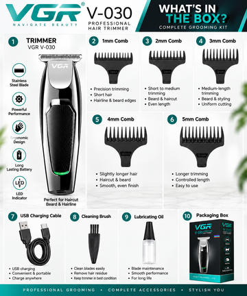 V-030 Professional Fast Charging Hair Clipper Silver/Black Long Time Battery