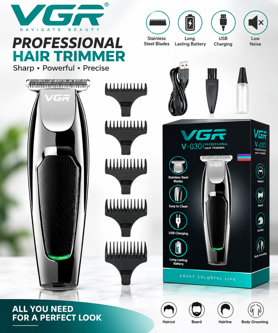 V-030 Professional Fast Charging Hair Clipper Silver/Black Long Time Battery