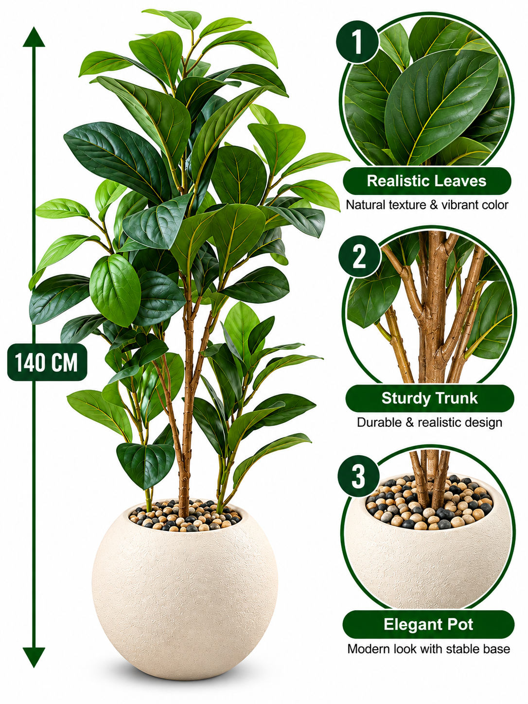 Artificial Ficus Lyrata Plant 140 CM, Realistic Green Leaves, Decorative Faux Indoor Tree with White Pot for Home, Office, Living Room & Interior Décor ( شجرة الفيكس ليراتا الصناعية )