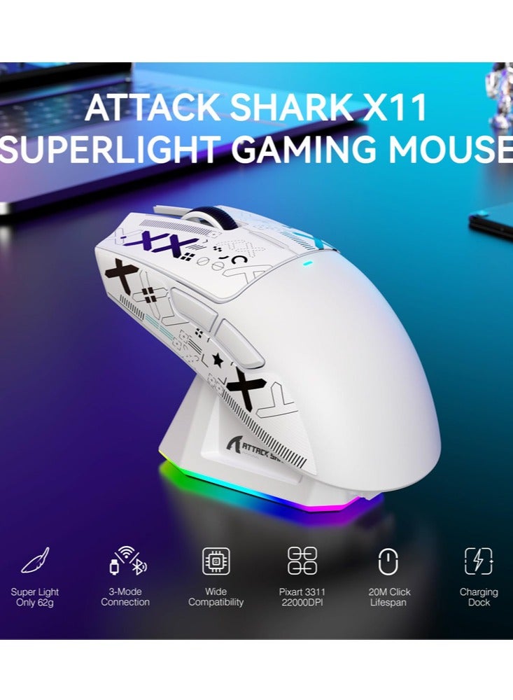 ATTACK SHARK X11 Lightweight Wireless Gaming Mouse with RGB Charging Dock,Tri-Mode-2.4G/USB-C Wired/BT,22K DPI,PAW3311 Optical Sensor,HUYU Switch, 5 programmable Buttons for PC/Mac(White)