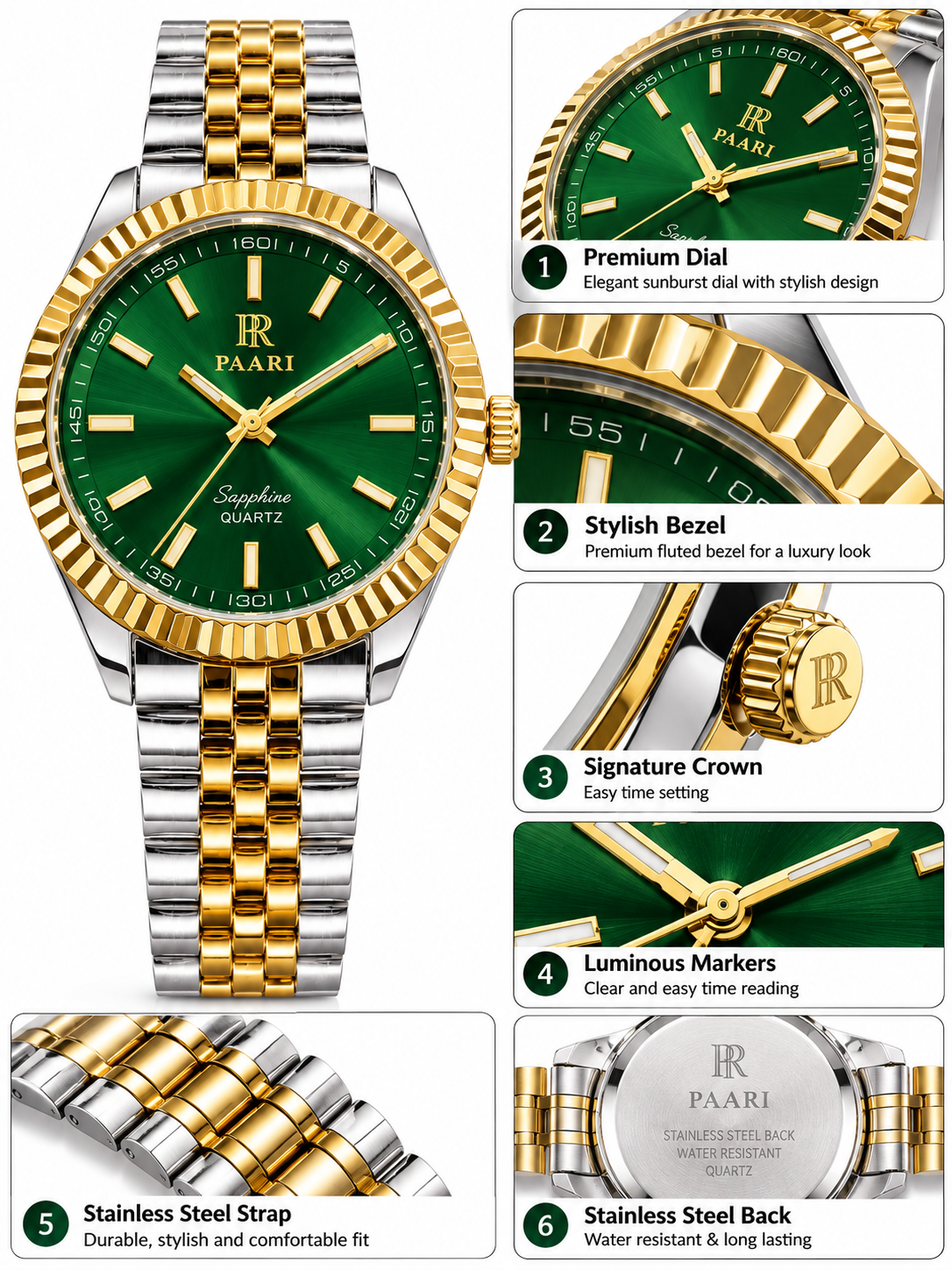 Luxury Green Dial Watch for Men – Gold & Silver Stainless Steel Bracelet Wristwatch with Fluted Bezel, Classic Quartz Fashion Watch