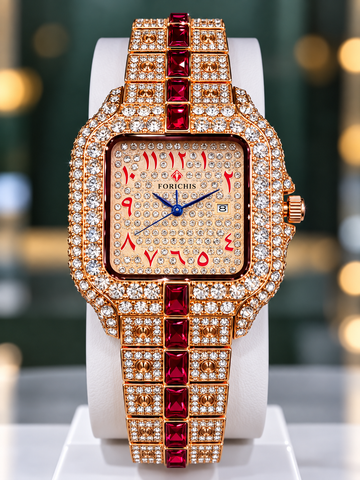 Luxury Rose Gold Crystal Watch for Women – Red Gemstone Bracelet Wristwatch with Arabic Numeral Dial, Sparkling Rhinestone Fashion Watch