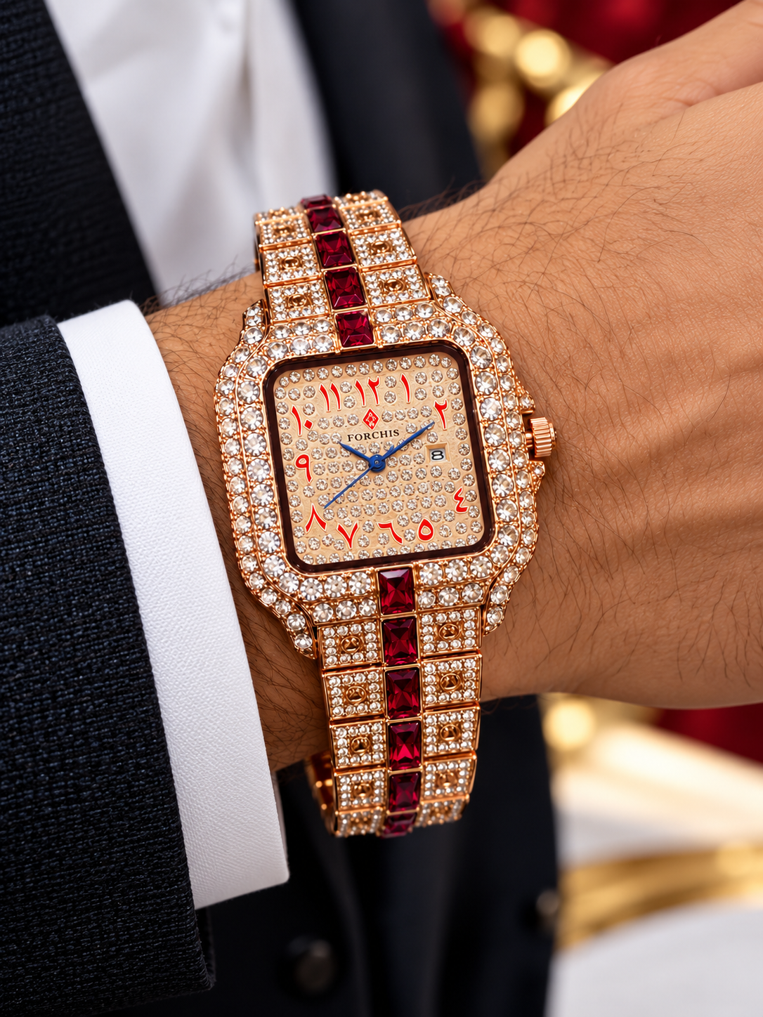 Luxury Rose Gold Crystal Watch for Women – Red Gemstone Bracelet Wristwatch with Arabic Numeral Dial, Sparkling Rhinestone Fashion Watch