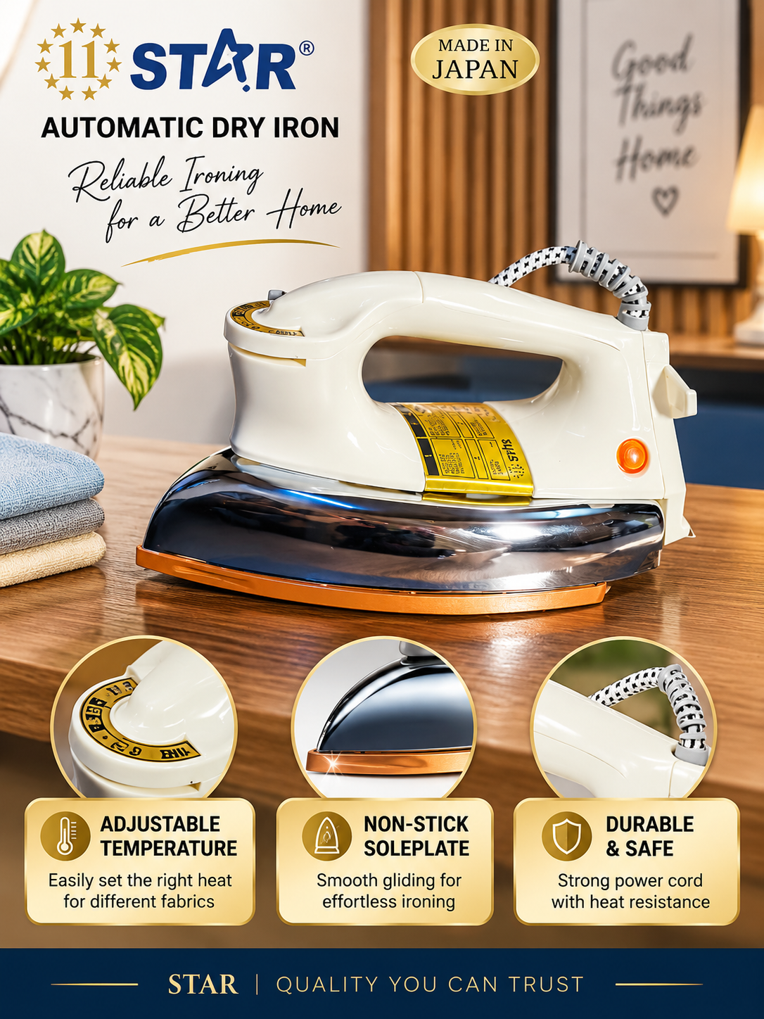 Generic Brands Automatic Dry Iron 11 STAR 1200W | Non-Stick Soleplate | Variable Temperature Control | Overheat Protection | Made in Japan | AZ-22A516